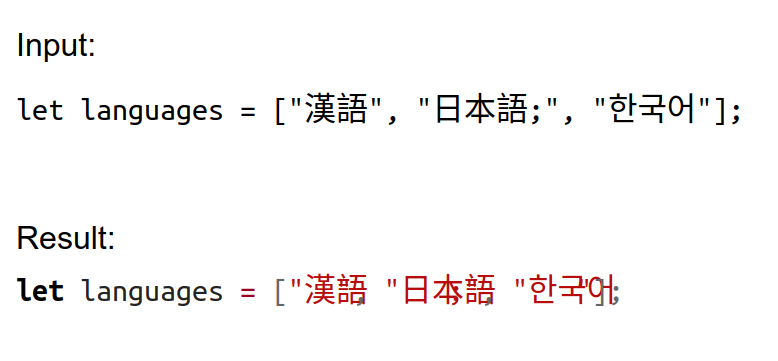 Highlighted JS code rendered badly. Closing quotes for strings overlap the last few charcters of the string, as do statement-terminating semicolons.